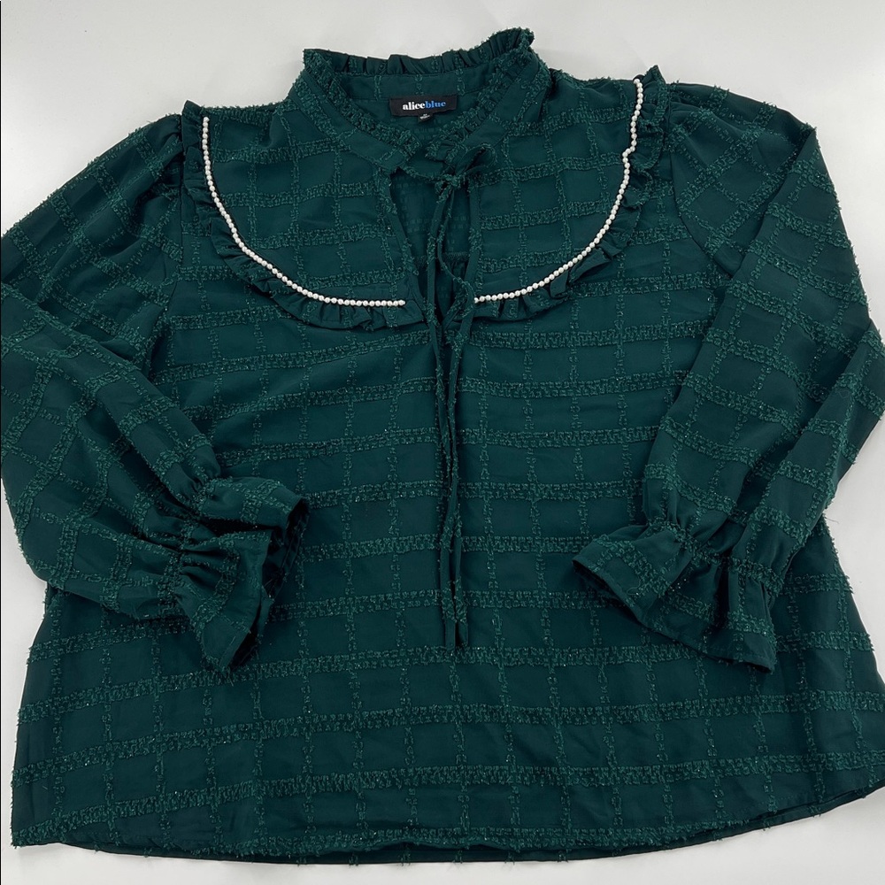 Alice blue hunter green peasant top faux pearls holiday glam festive traditional - Picture 2 of 8